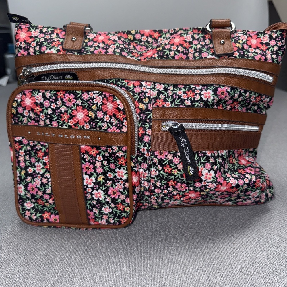 LILY BLOOM FLORAL PURSE 2 HANDLE MULTI COMPARTMENT